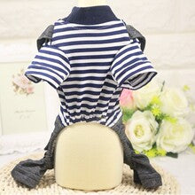 Pet lightweight breathable cartoon four-legged stripes fake two denim overalls clothing Spring and Autumn