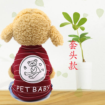 Pet lightweight breathable cartoon four-legged stripes fake two denim overalls clothing Spring and Autumn