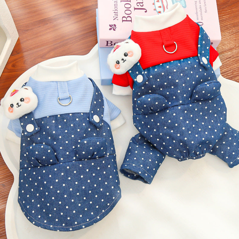 New pet dog clothes with polka dot cowboy strap cat dog clothes Spring and autumn four-legged vest