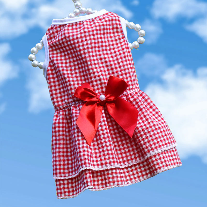 Dog skirt Bow Dress Wedding dress Spring summer fall new plaid pet cat clothing supplies stripes