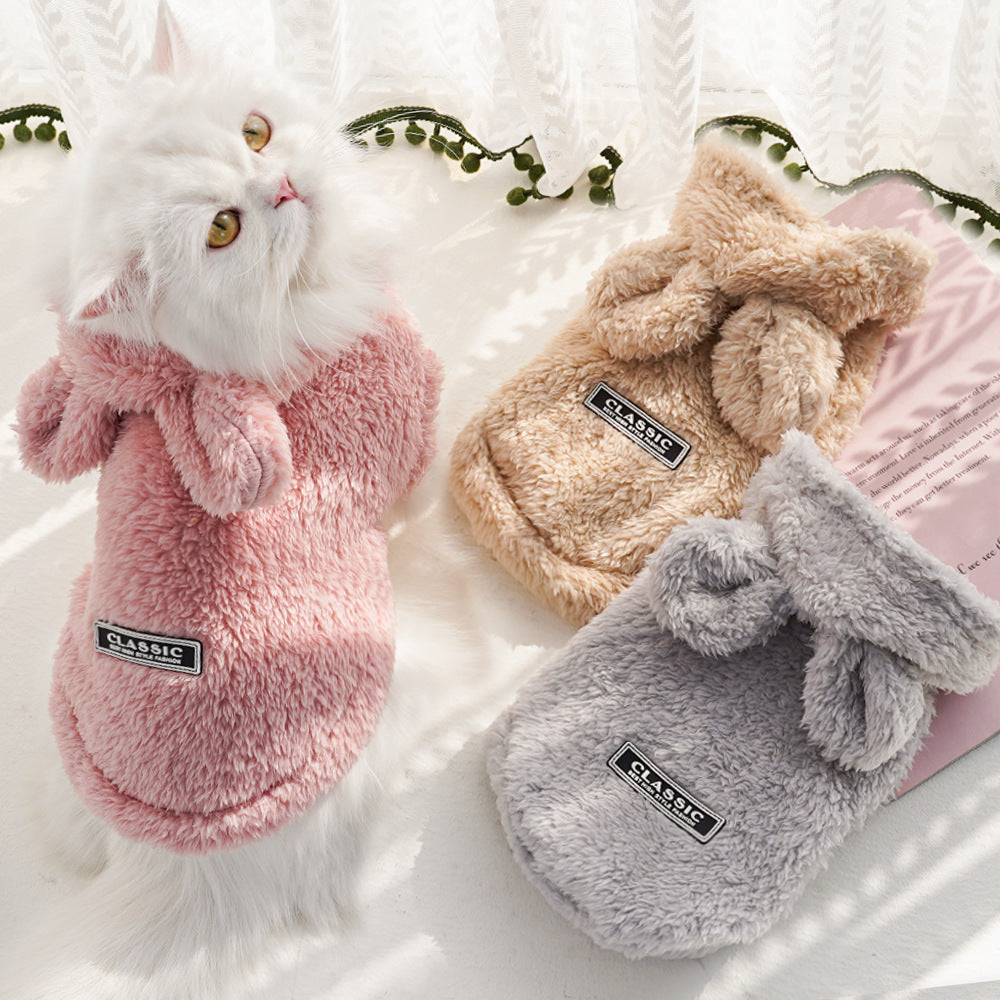 Pet clothing autumn and winter new rabbit ear soft cotton wool hoodie dog clothing supplies