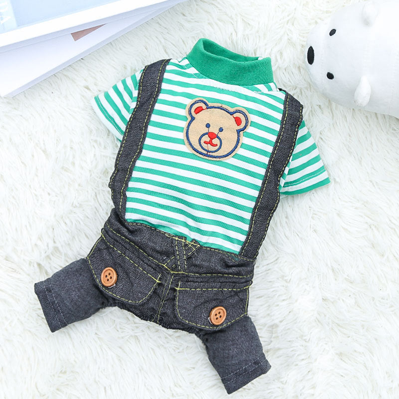 Pet lightweight breathable cartoon four-legged stripes fake two denim overalls clothing Spring and Autumn