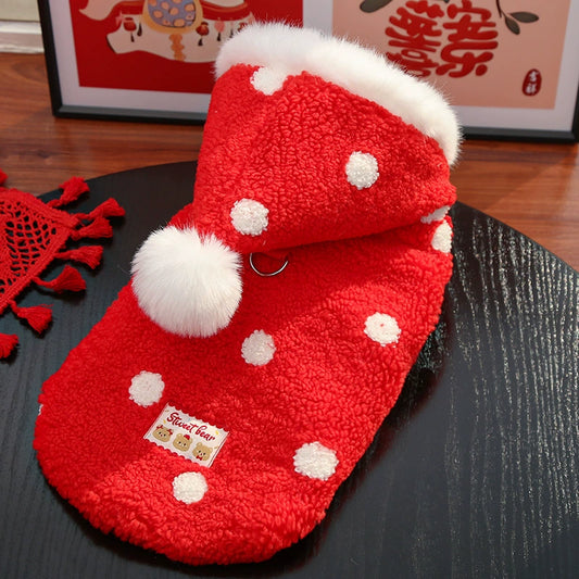 Dog and cat clothing with double-layered thickening, red dots and a hooded pet coat