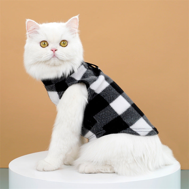 Autumn and winter warm pocket zipper blue and black checkered small medium and large dog pet dog cat Teddy Wei clothing supplies