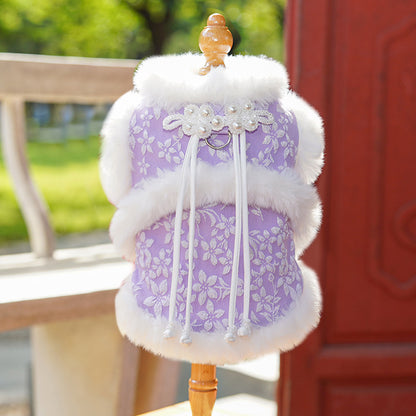 Winter and autumn warm fleece traditional Chinese style New Year's Tang suit princess qipao brooch pet dog and cat clothes