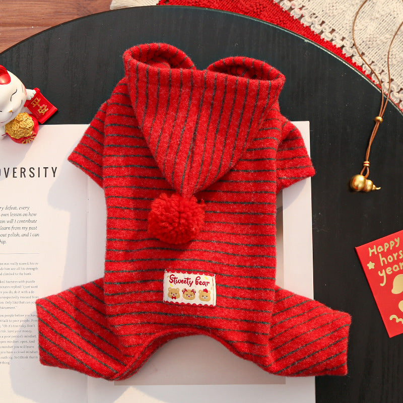 New Year dog coat with added insulation, four-legged garment with red stripes