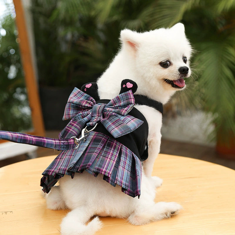 Dog skirt Cat JK plaid chest harness leash Pet supplies Dog Walking preppy clothes