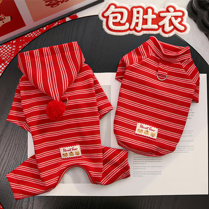 New Year dog coat with added insulation, four-legged garment with red stripes