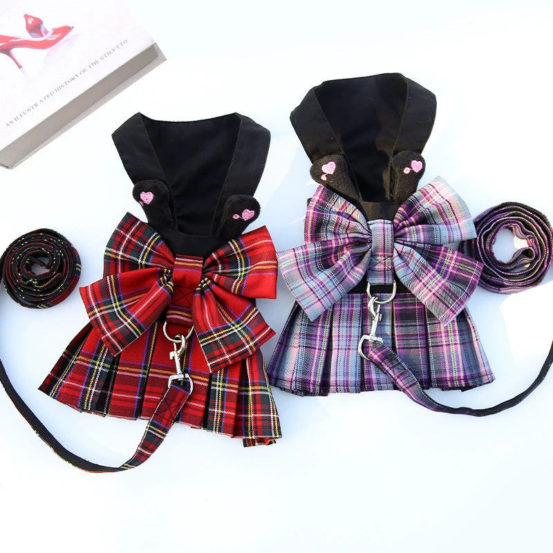 Dog skirt Cat JK plaid chest harness leash Pet supplies Dog Walking preppy clothes