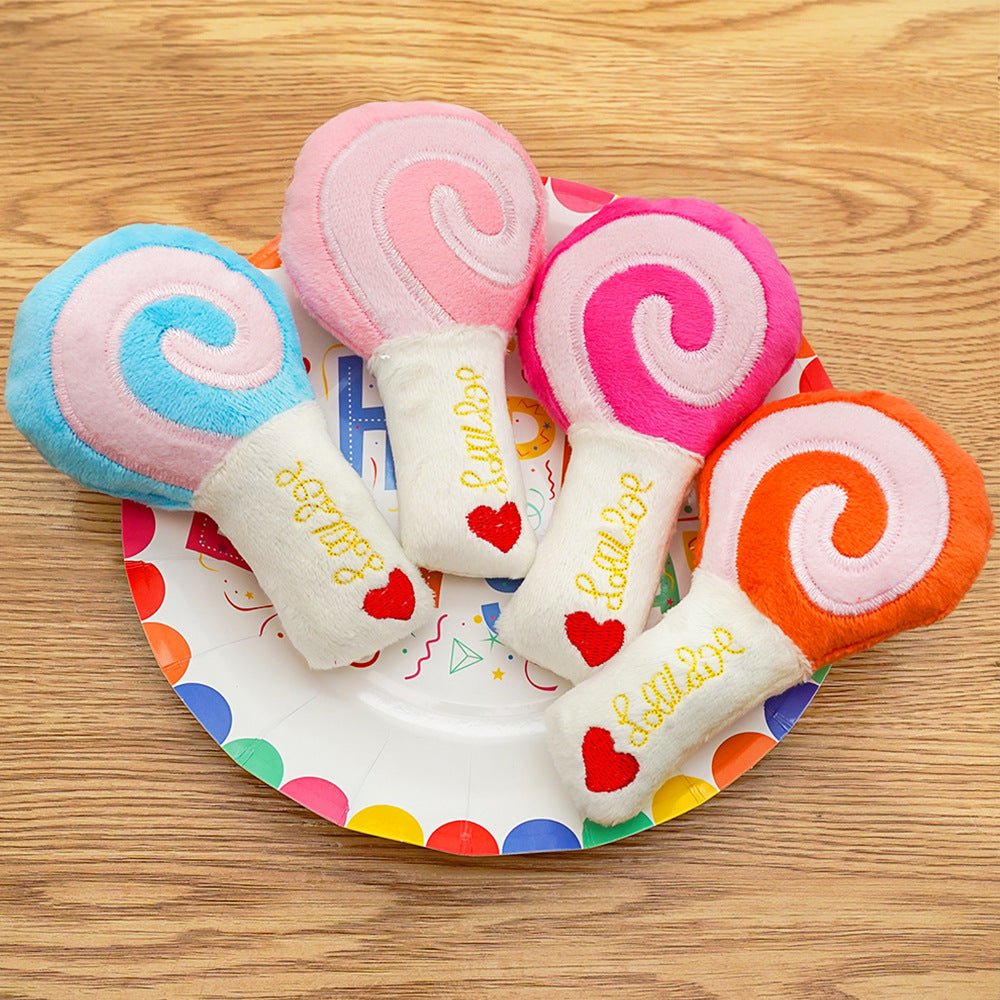 Lollipop plush toy with sound effect, available in three colors - a pet product accessory