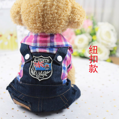 Pet lightweight breathable cartoon four-legged stripes fake two denim overalls clothing Spring and Autumn