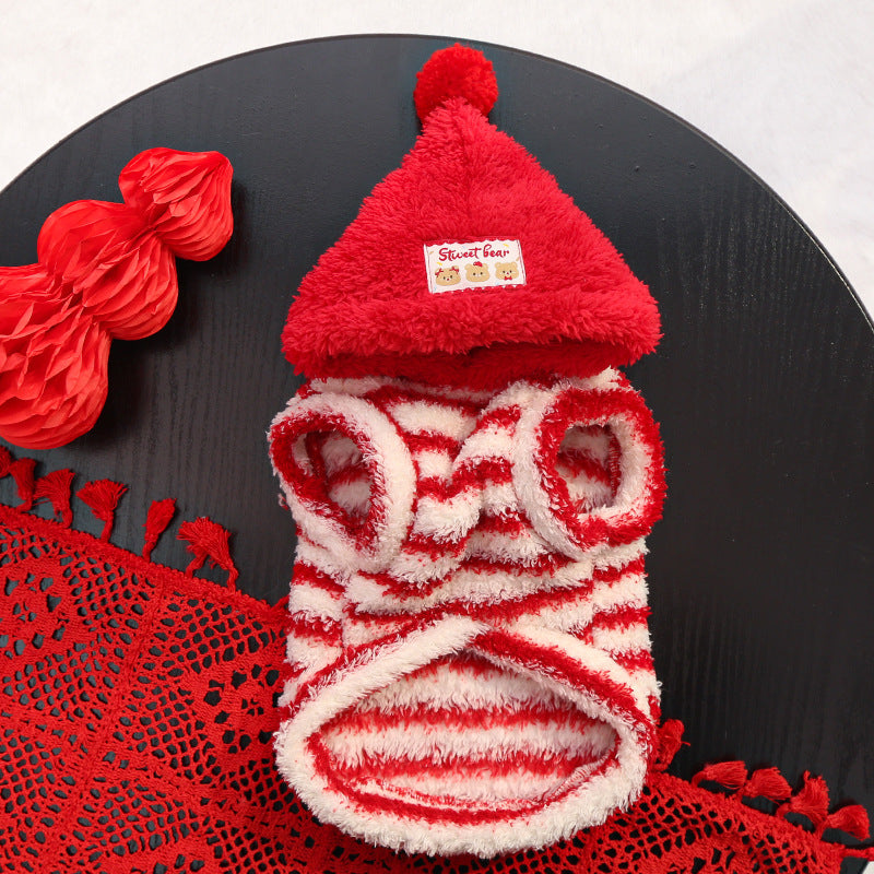 Red striped hooded sweatshirt with fleece lining for pets, suitable for dogs and cats in autumn and winter.