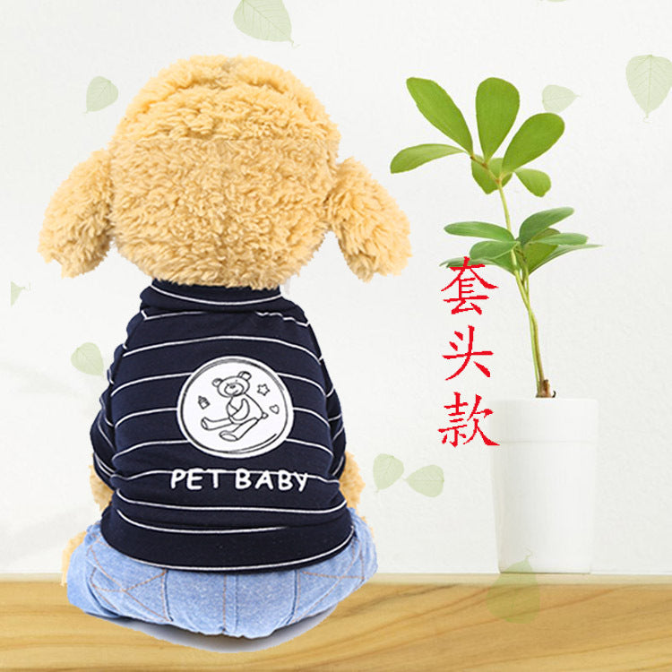 Pet lightweight breathable cartoon four-legged stripes fake two denim overalls clothing Spring and Autumn