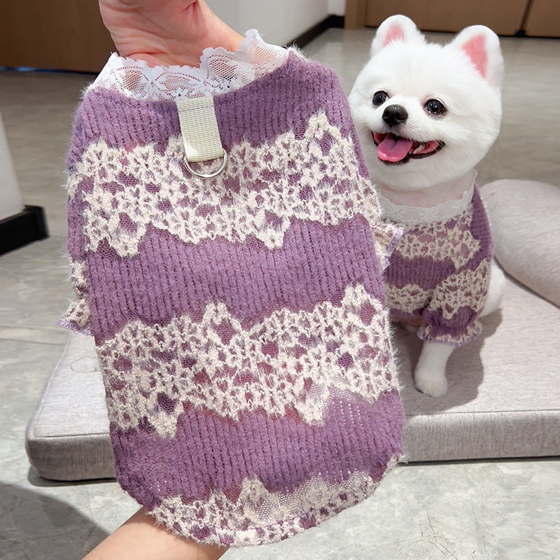 Pet dog and cat clothes, autumn and winter styles, lace and fleece pet undershirts, lace court style.