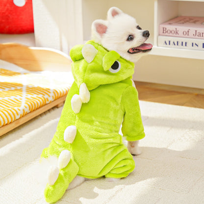 Dog and cat clothing transformed into dinosaur-themed fashionable and warm fleece sweaters