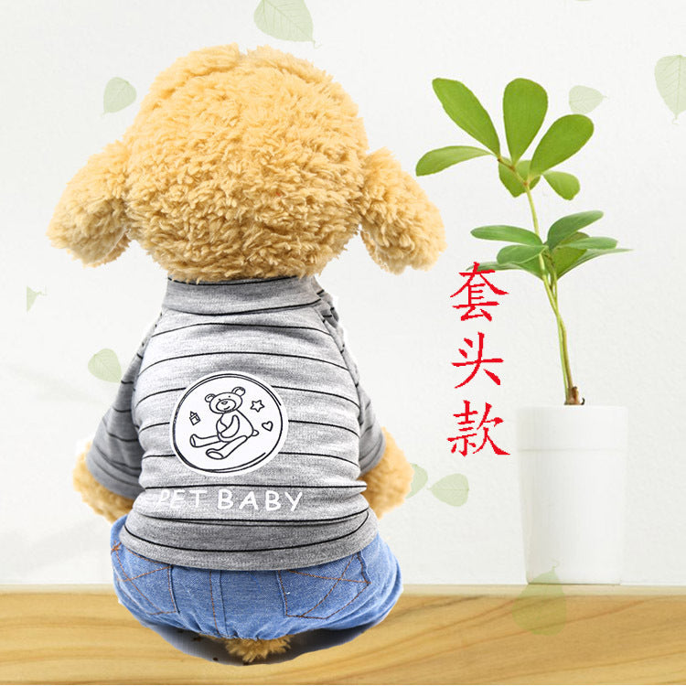 Pet lightweight breathable cartoon four-legged stripes fake two denim overalls clothing Spring and Autumn