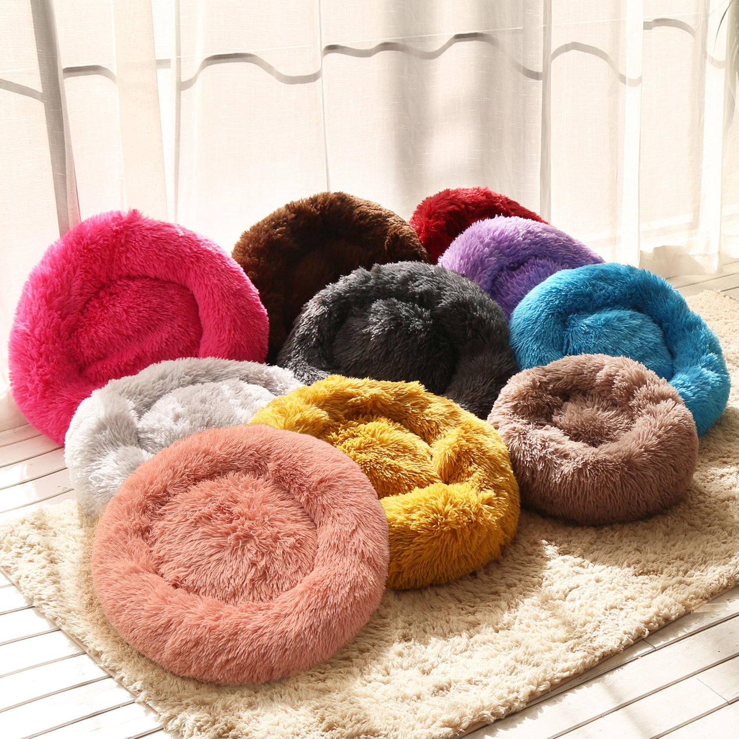 Winter round plush pet bed for small, medium and large-sized pets