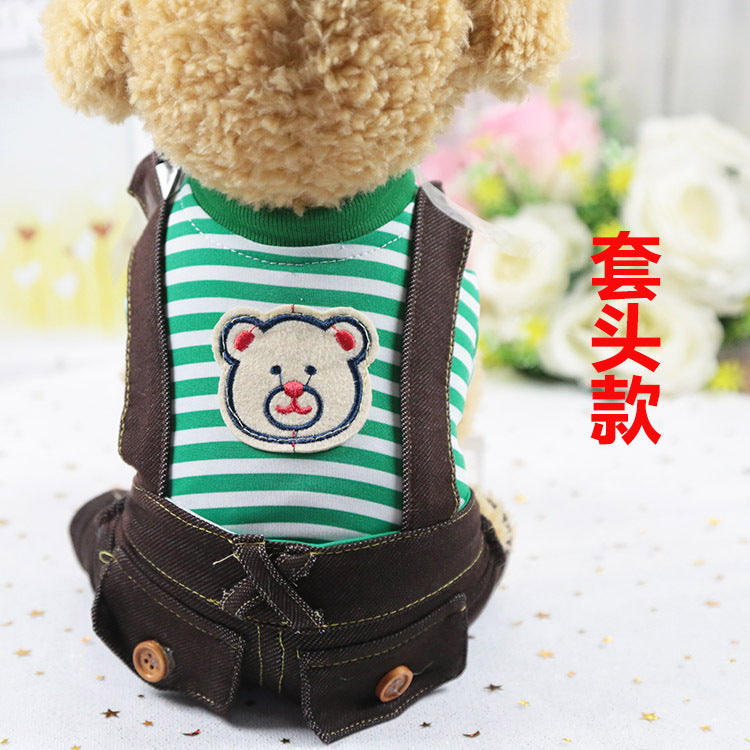 Pet lightweight breathable cartoon four-legged stripes fake two denim overalls clothing Spring and Autumn